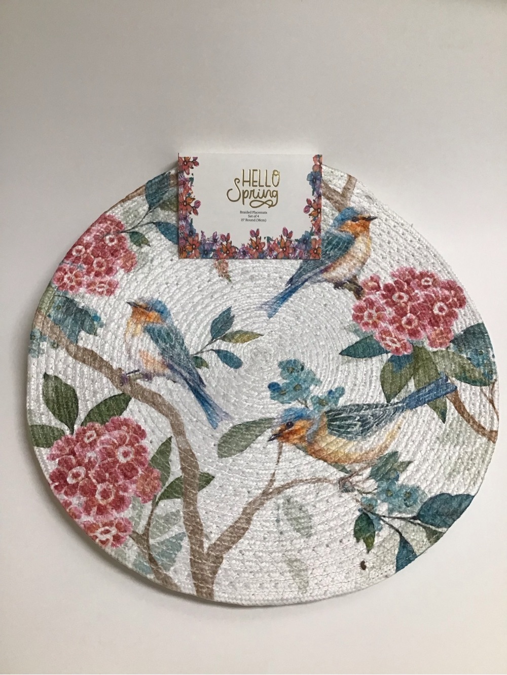 Spring Birds Placemats Floral Braided SET OF 4 15โ Round Handmade in India NEW - Picture 9 of 9